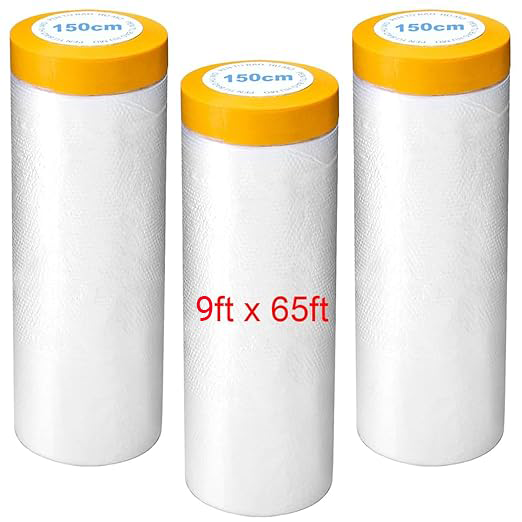 Tape Masking Film, 9 x 65 ft Roll of Painters Plastic Film, 3-Pack Tape and Curtains, Paint Adhesive Protective Film Roll for Covering Baseboards, Frames, Automotive